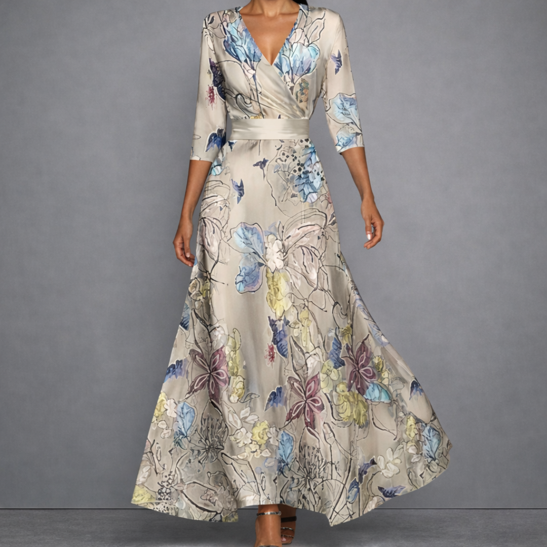 Robe longue sable à grand imprimé floral bleu et mauve, encolure V croisée.