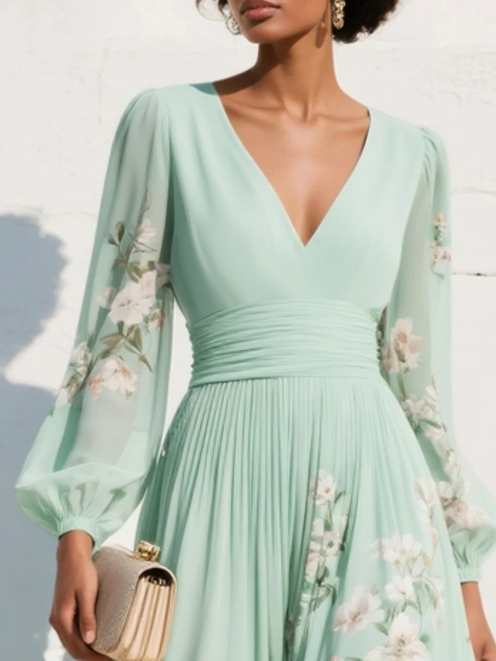 Robe midi vert clair col V, buste froncé, manches bouffantes, imprimé fleurs.