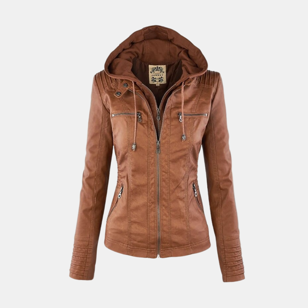 Veste à capuche zippée brun clair, poches poitrine et fermeture centrale.
