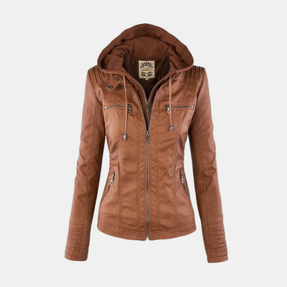 Veste à capuche zippée brun clair, poches poitrine et fermeture centrale.