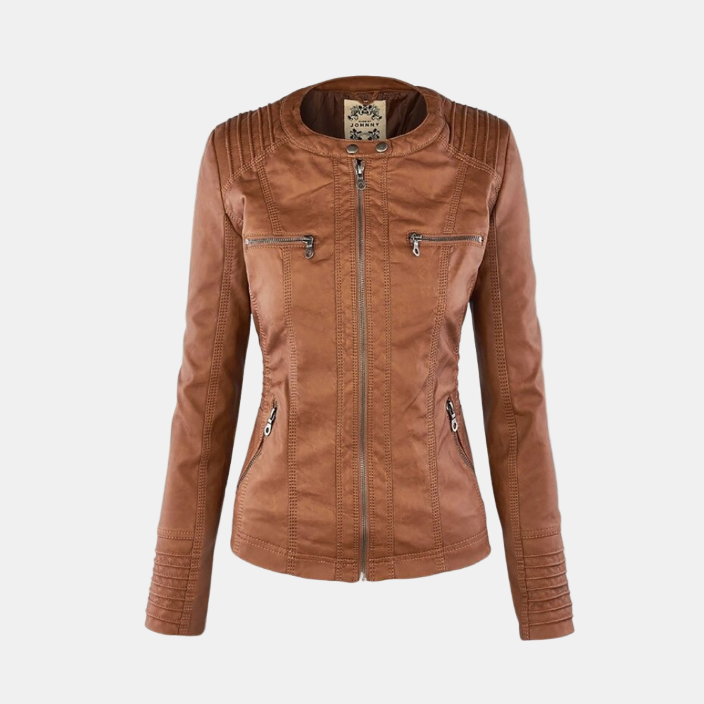 Veste à capuche zippée brun chaud, col montant, poches poitrine et zip central.