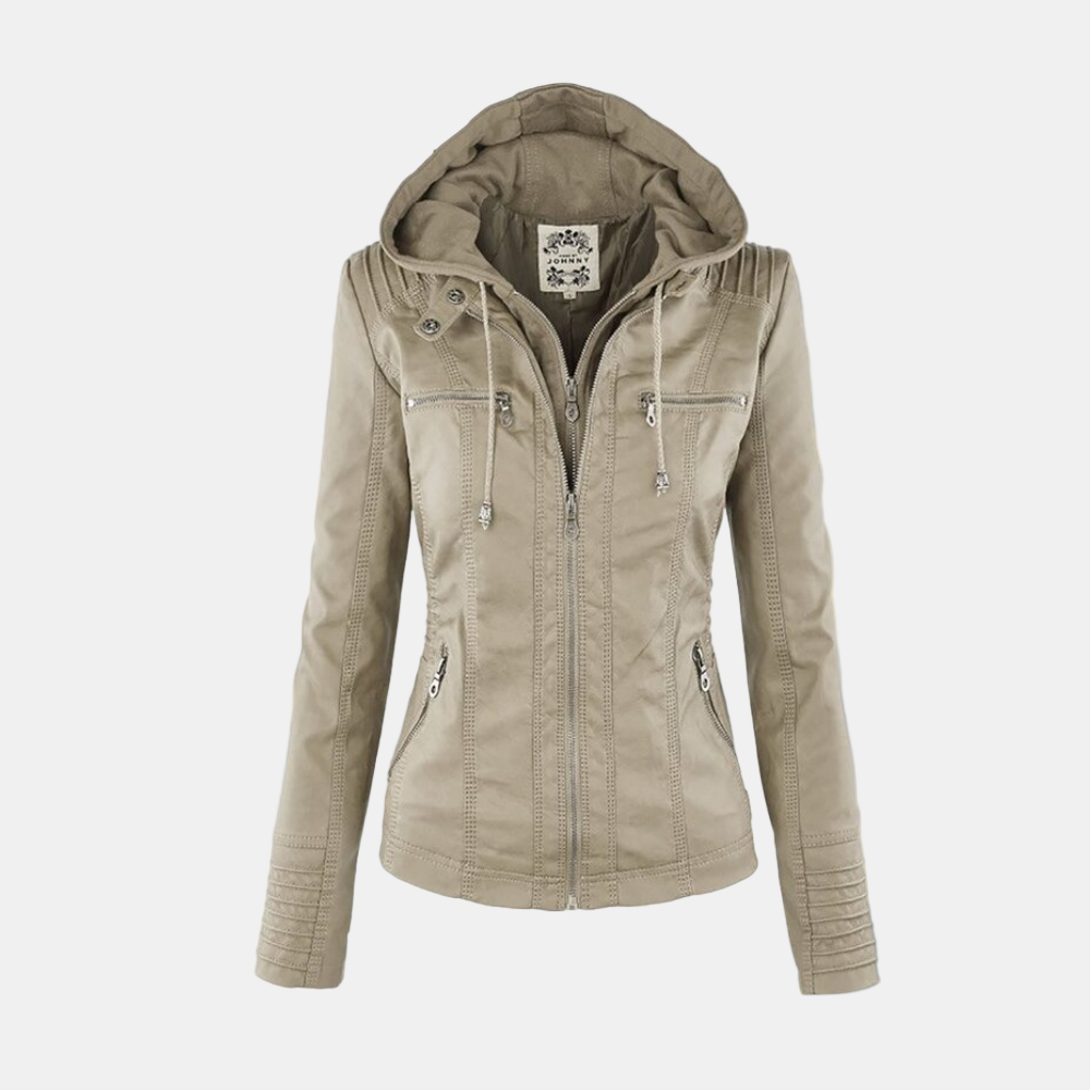 Veste à capuche zippée kaki, poches poitrine et fermeture centrale.
