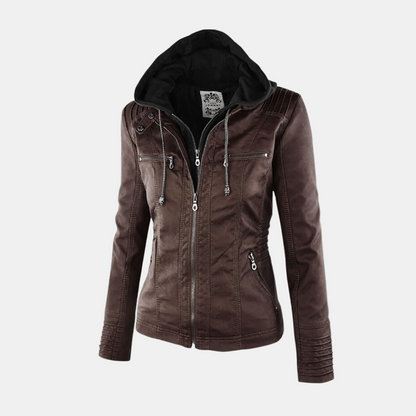 Veste à capuche zippée marron foncé, capuche contrastée noire, poches poitrine.