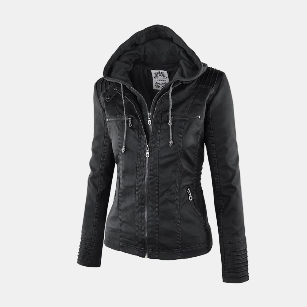 Veste à capuche zippée noire, poches poitrine et fermeture centrale, manches longues.