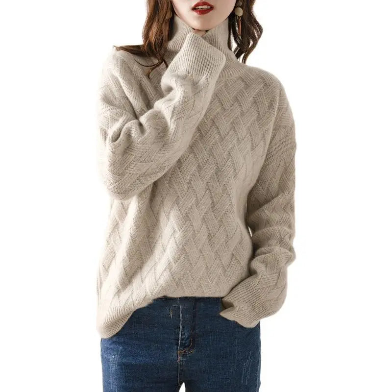 Pull col roulé beige clair en maille ajourée, motif losanges, coupe ample