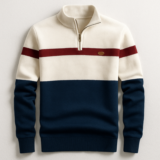 Pull ajusté en maille, demi-zip, bandes bordeaux, bleu nuit et blanc.