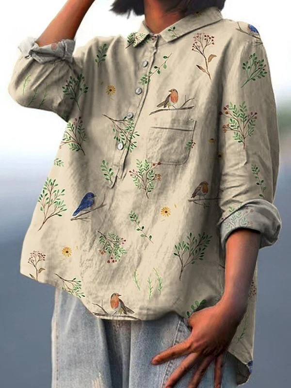 Chemise décontractée beige à oiseaux et fleurs, manches longues, boutonnée, poche poitrine.