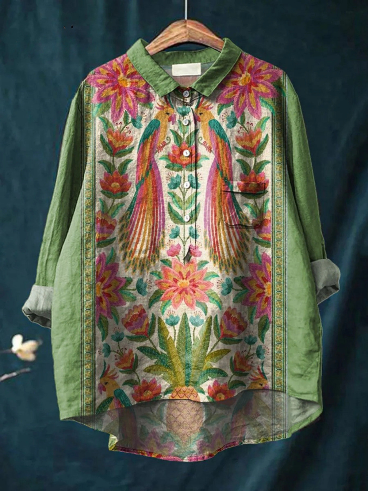 Chemise légère multicolore à fleurs, col boutonné, manches longues, empiècements verts