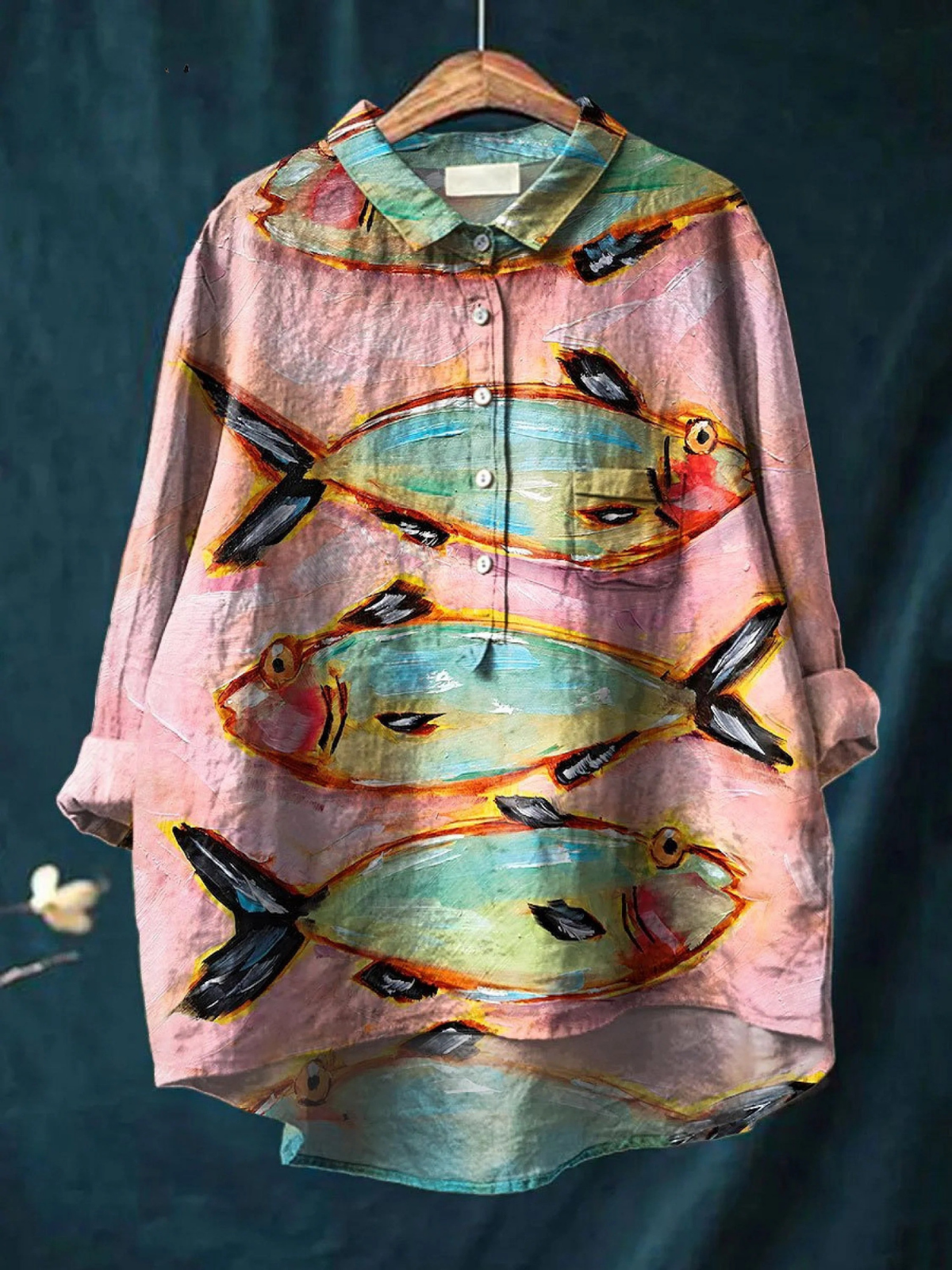 Chemise décontractée multicolore à col, manches longues, boutons et motif poissons