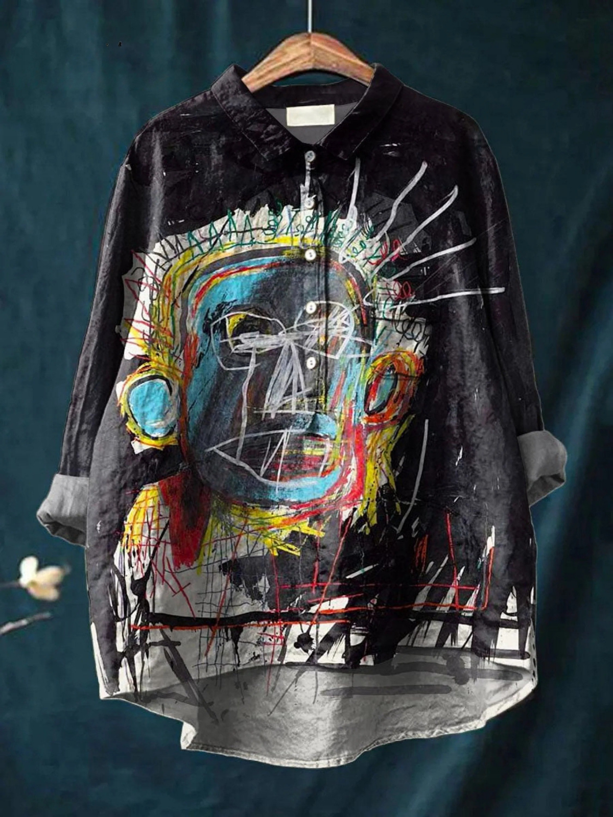 Chemise décontractée noire à manches longues, imprimé abstrait multicolore, boutonnée