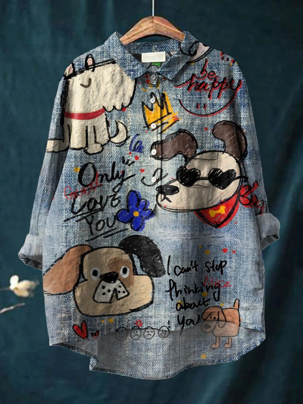 T-shirt léger décontracté gris clair, imprimé chiens et personnages multicolores