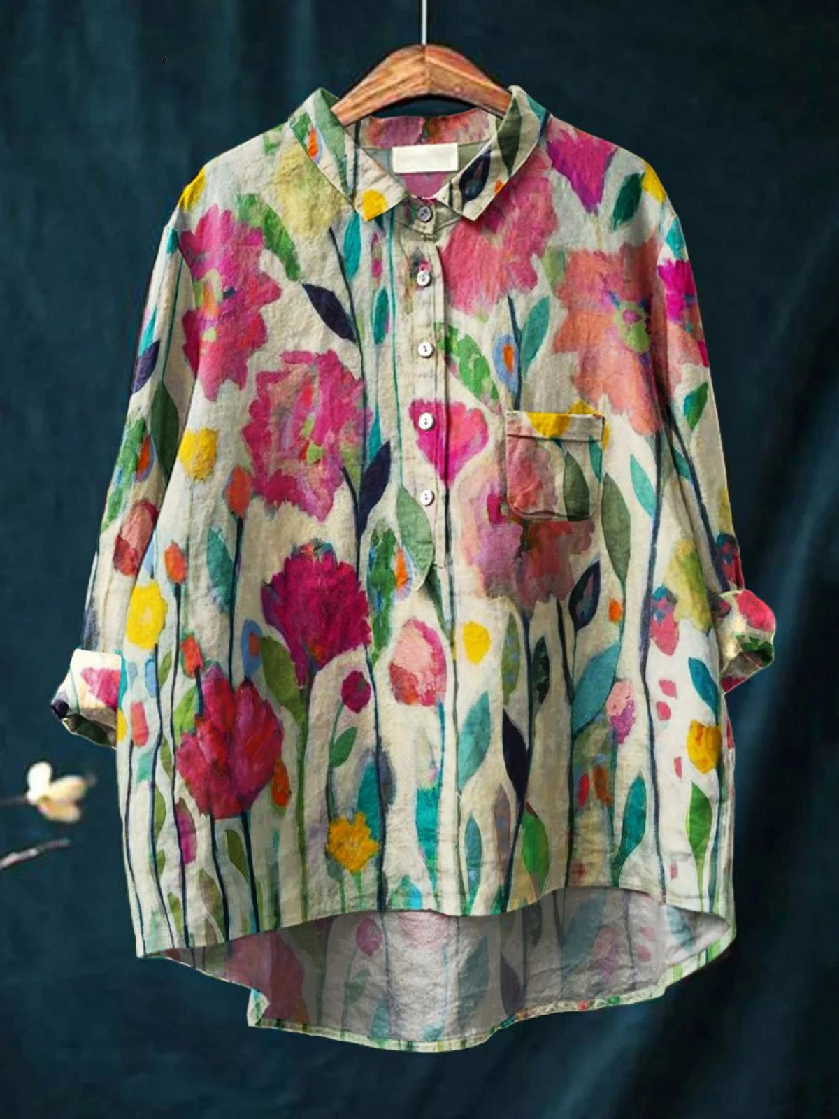 Chemise vintage légère multicolore en coton, col boutonné et poche poitrine, manches longues