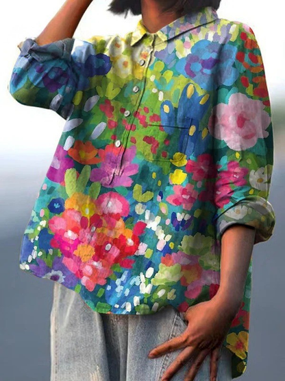 Chemise décontractée multicolore à manches longues, motif fleurs, boutonnage devant.