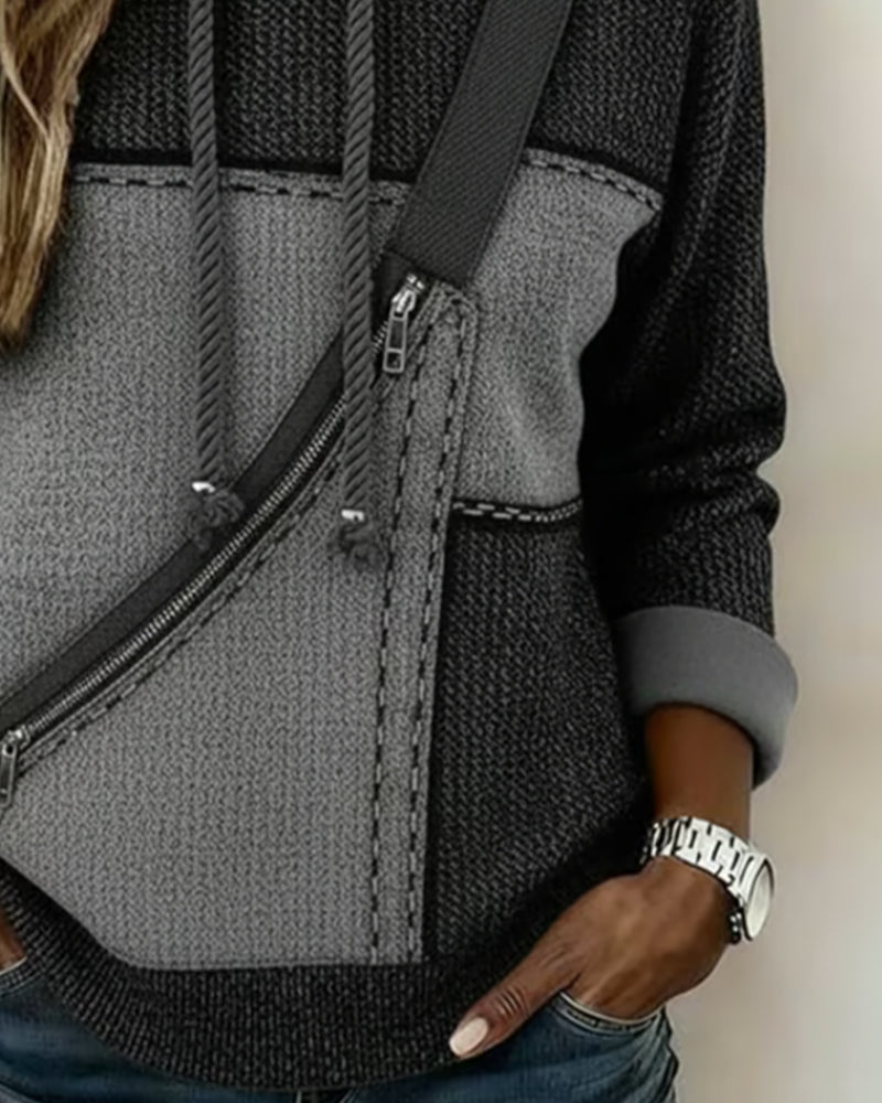 Sweat à capuche color-block gris et noir, zip avant et coutures contrastées