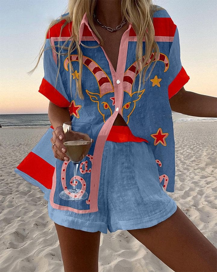 Ensemble Marjorie™ : chemise ample multicolore à motif étoiles, avec short assorti bleu