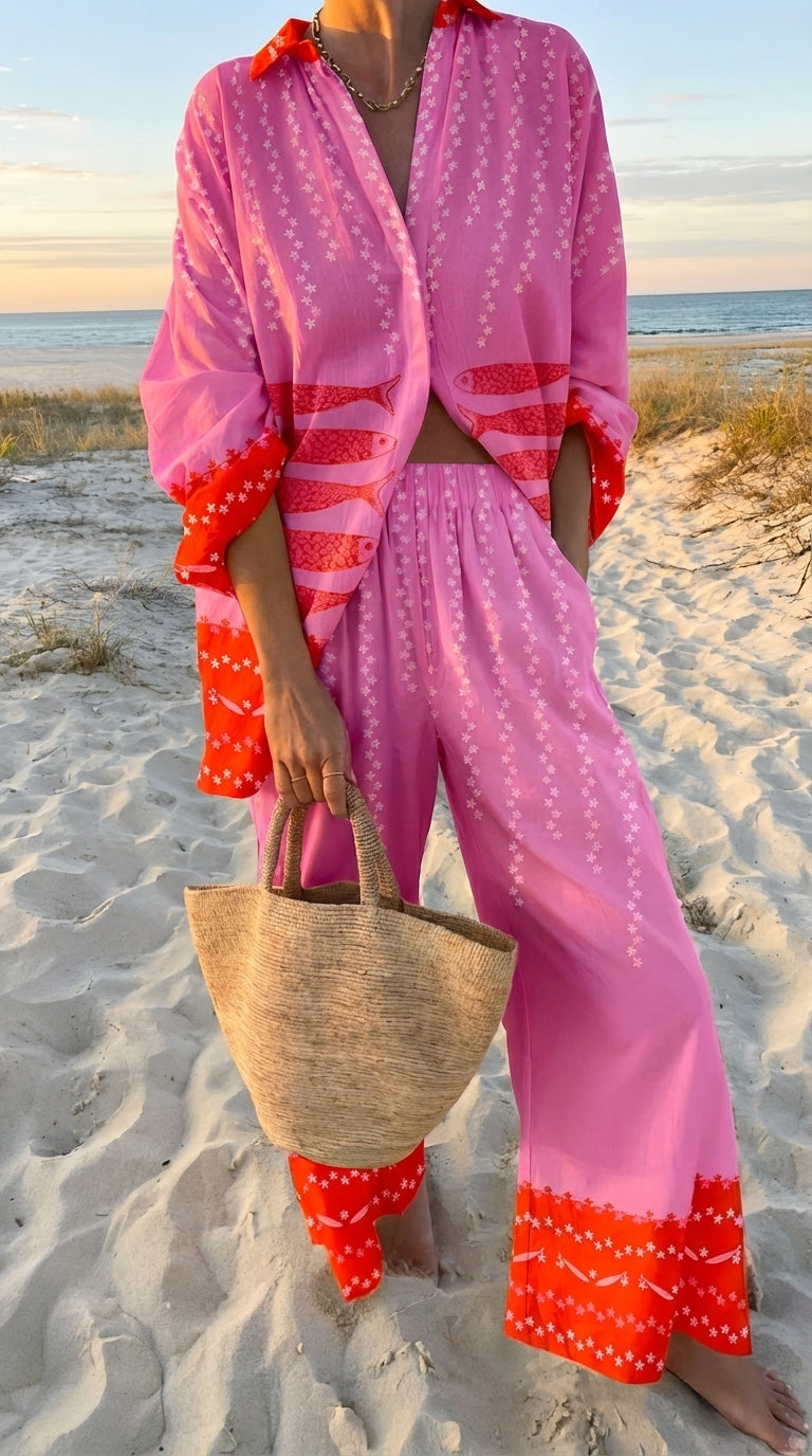 Ensemble Isla™ : robe longue violette à bordure orange, manches trois-quarts et fente