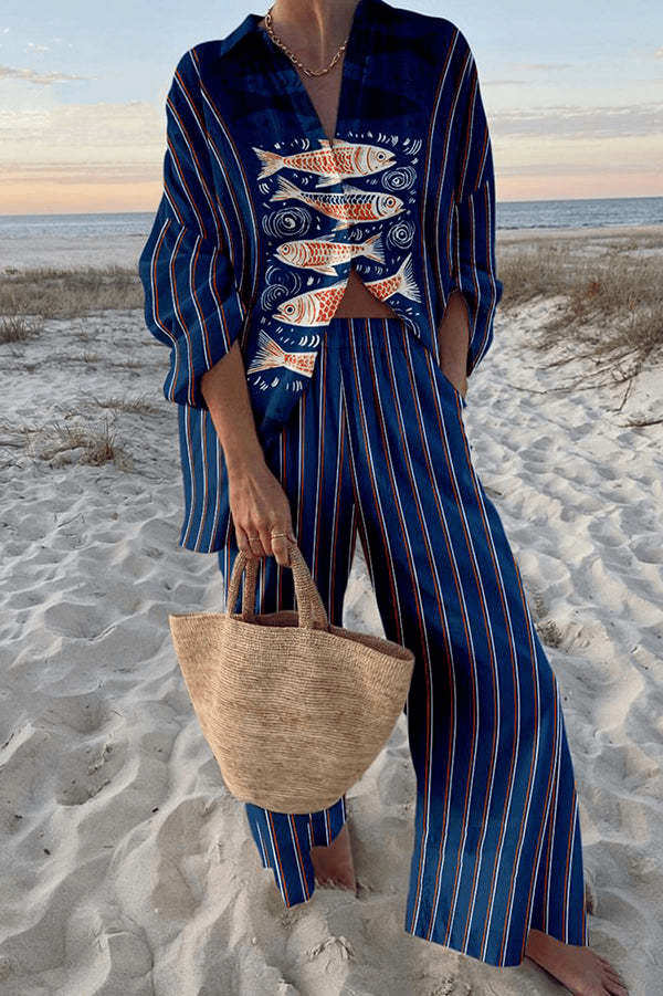 Ensemble Maisey™ robe longue rayée bleu foncé avec motif poitrine et manches 3/4