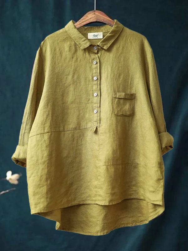 Chemisier en lin jaune, col chemise, boutons devant et poche poitrine