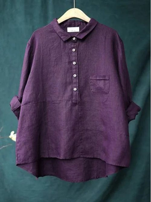 Chemisier en lin violet alto, col chemise, boutons et poche poitrine