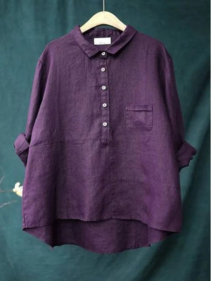 Chemisier en lin violet alto, col chemise, boutons et poche poitrine