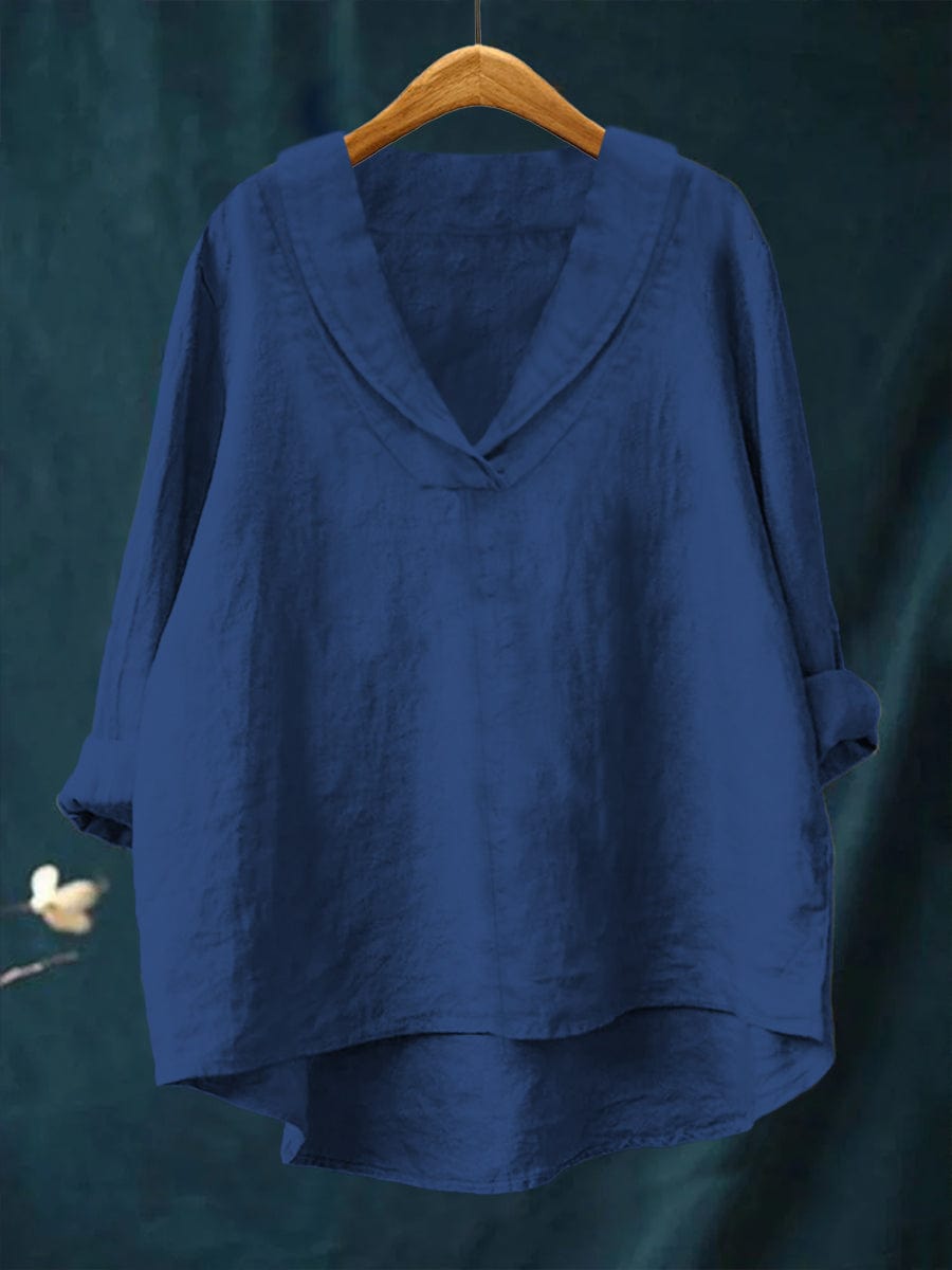 Chemise d’été en lin bleu à encolure V, manches trois-quarts et coupe ample