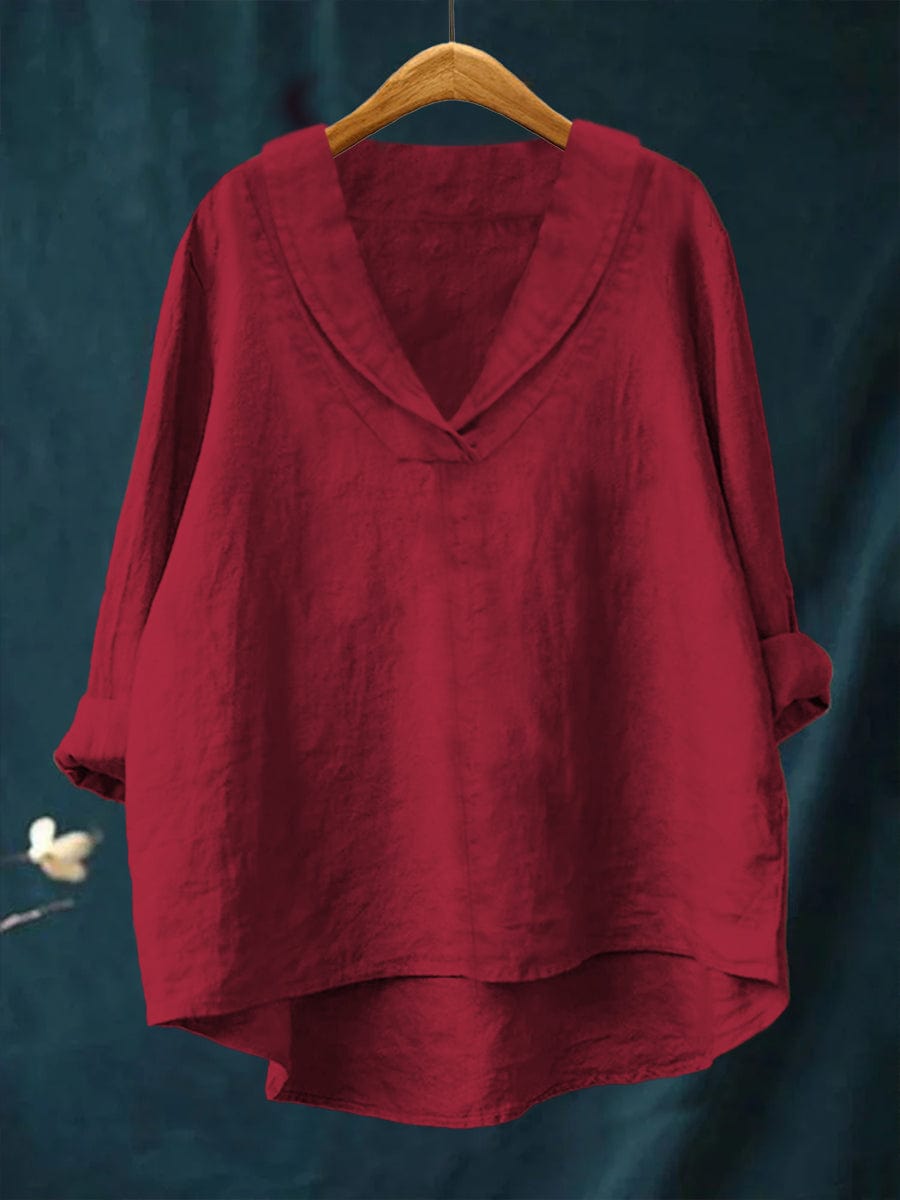 Chemise d’été en lin rouge à encolure V, manches trois-quarts et coupe ample