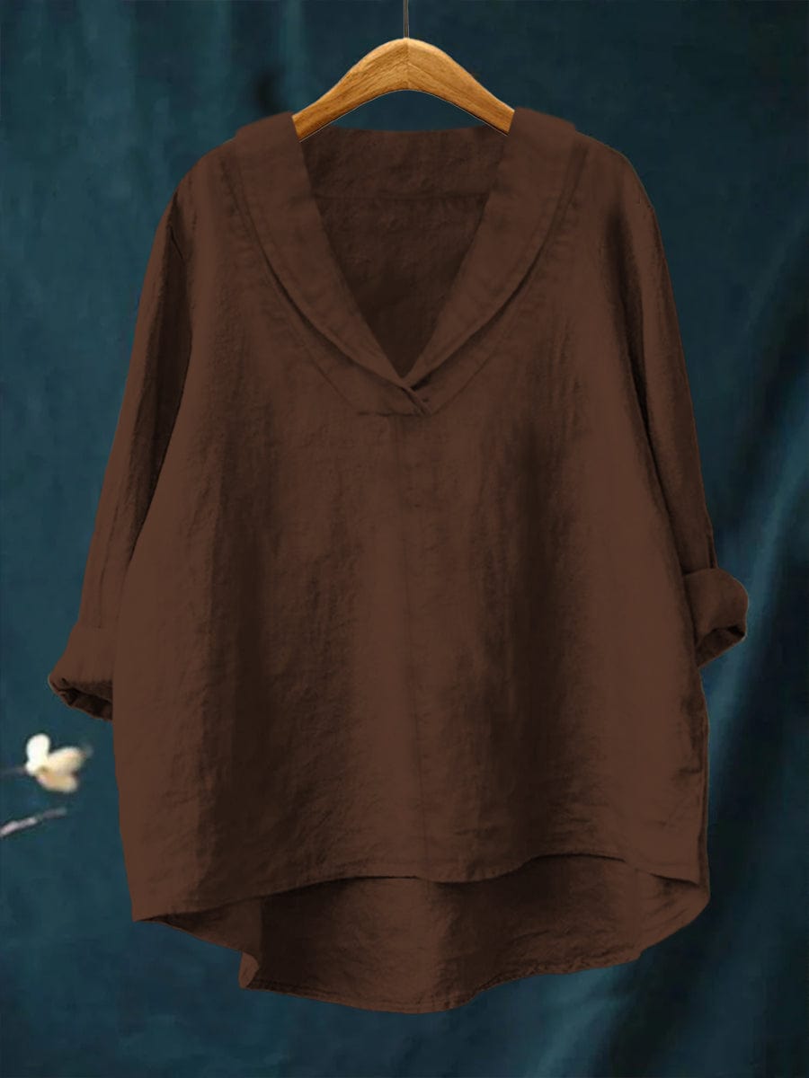 Chemise d’été en lin marron à encolure V, manches trois-quarts et coupe ample