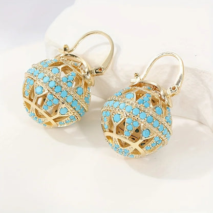 Boucles d’oreilles mandala turquoise doré, boules ajourées avec pierres bleues