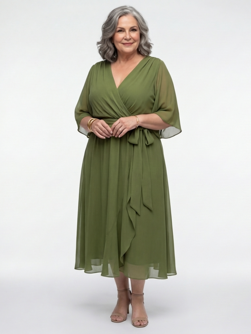 Elysia | Robe midi drapée avec décolleté en V et ceinture à la taille