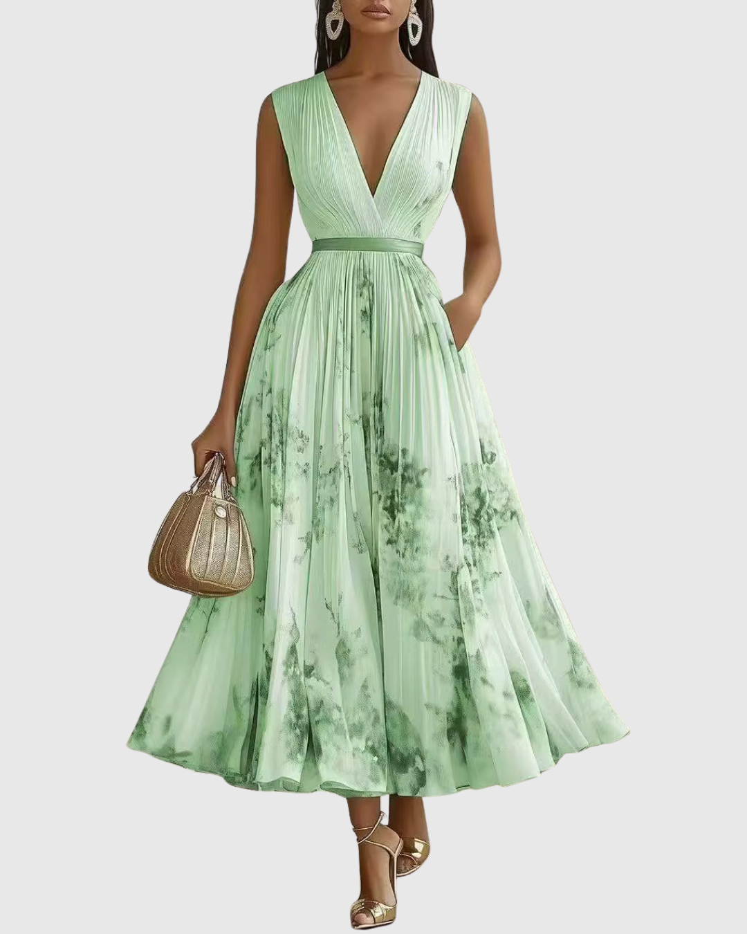 Robe longue plissée à encolure V, vert menthe imprimé fleurs, ceinture élastique