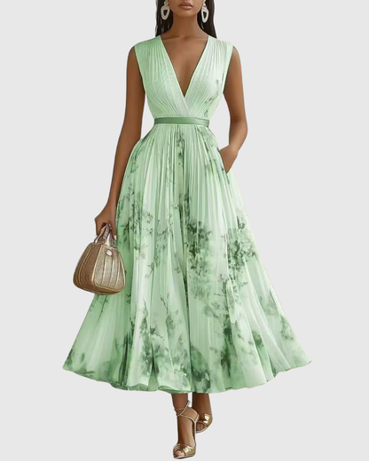 Robe longue plissée à encolure V, vert menthe imprimé fleurs, ceinture élastique