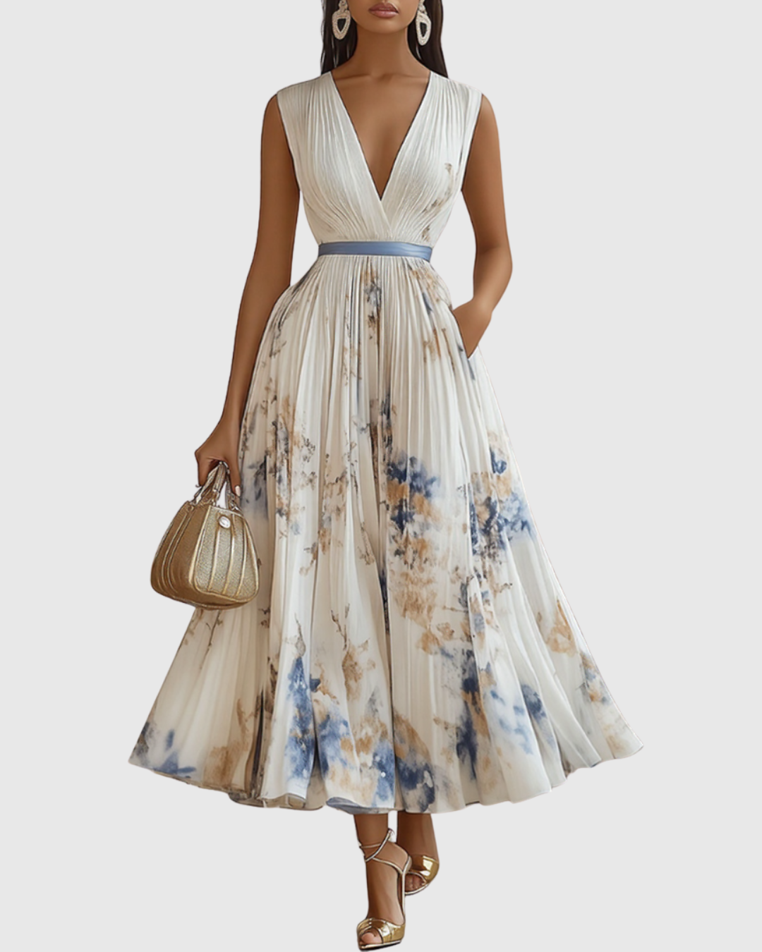 Robe longue plissée sans manches, encolure V, imprimé floral bleu et crème.