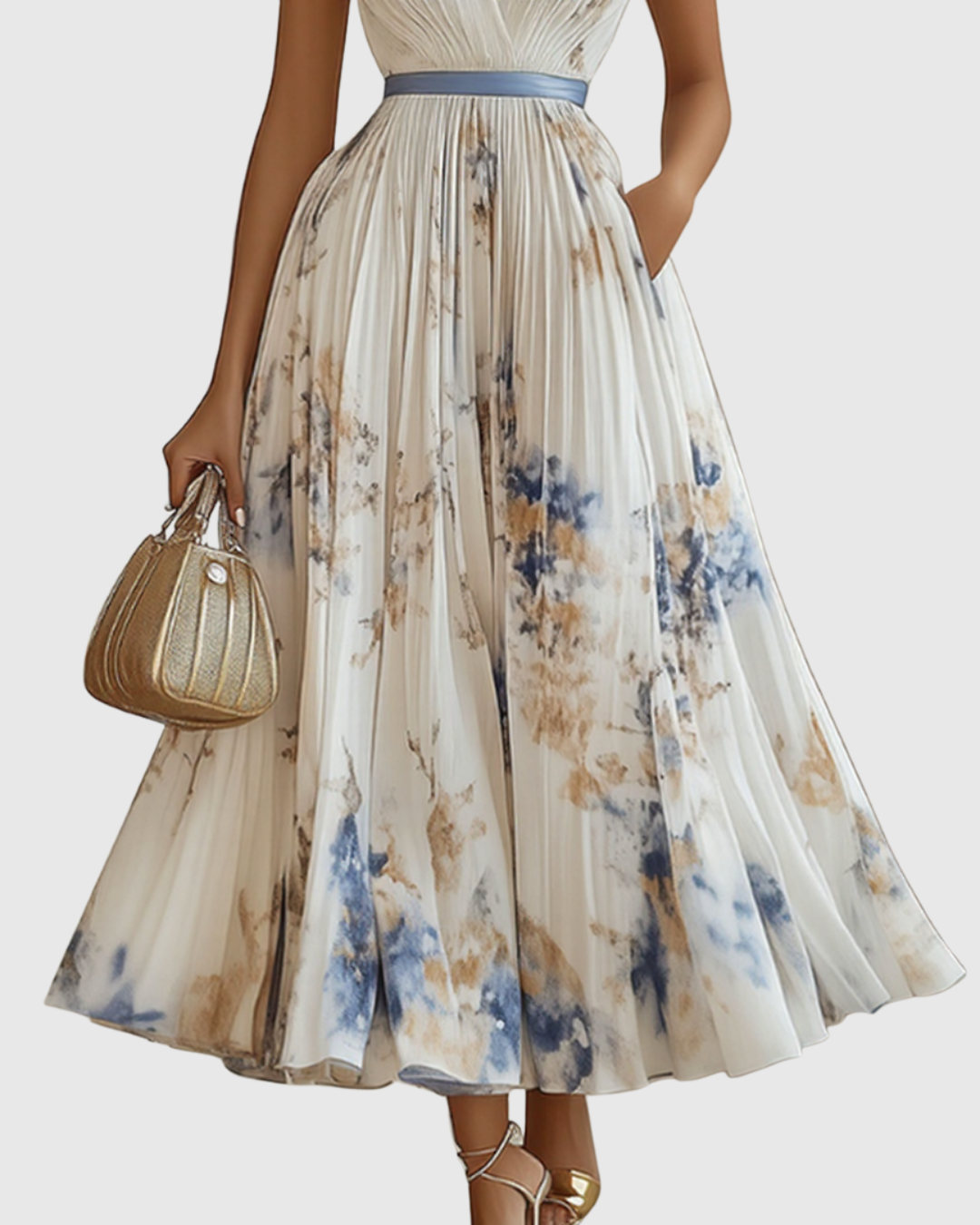 Robe longue plissée à encolure V, blanc imprimé fleurs bleu et beige, taille élastique