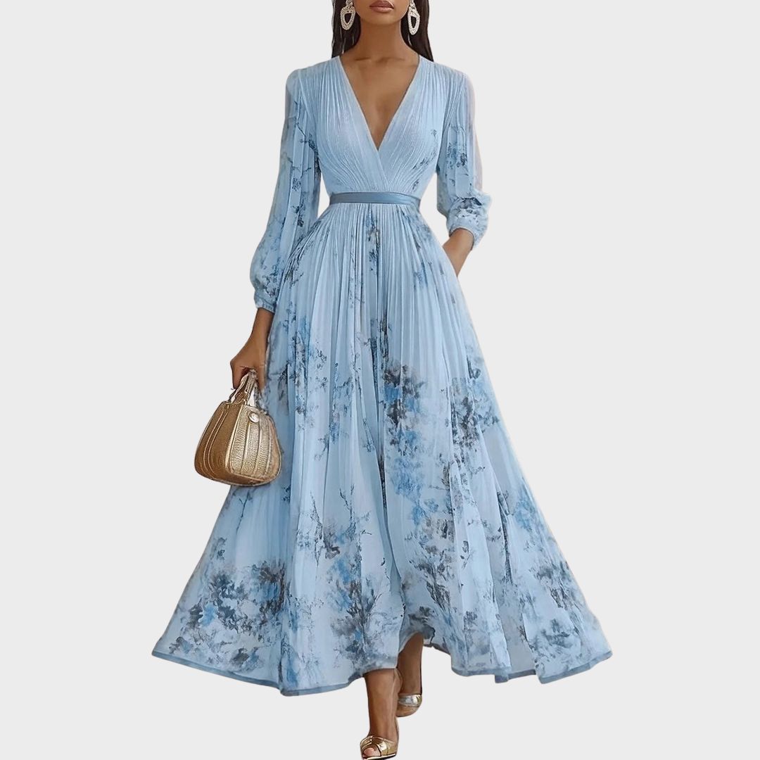 Robe longue plissée à encolure V, bleu clair imprimé fleurs, manches longues évasées