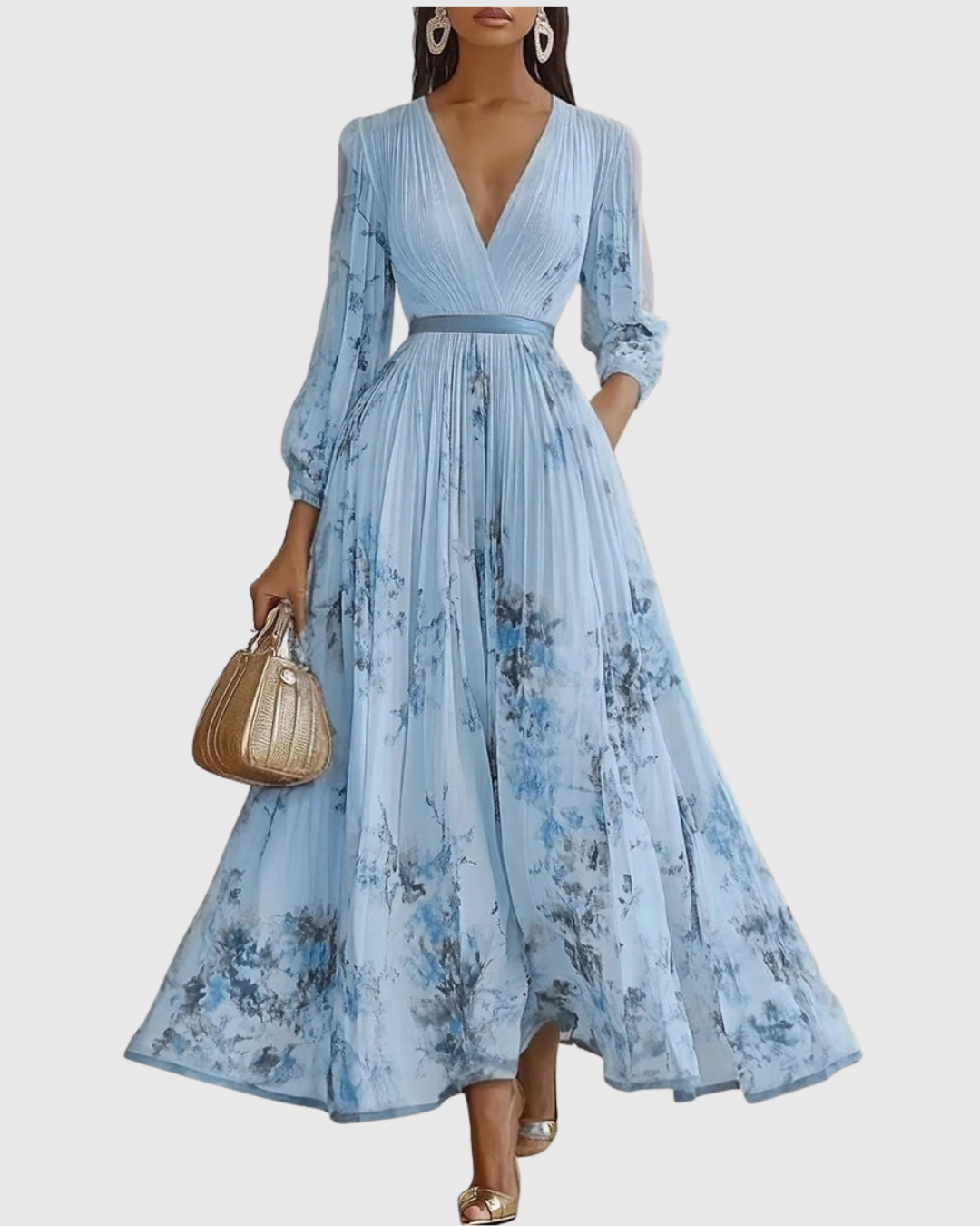 Robe longue plissée à encolure V, bleu clair imprimé, ceinture élastique