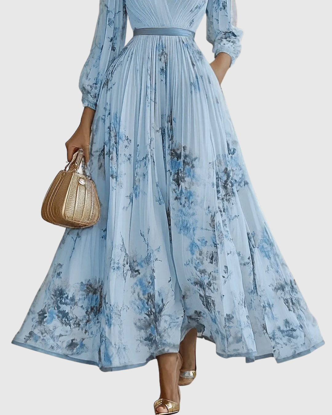 Robe longue plissée à encolure V, bleu clair imprimé fleurs, jupe ample