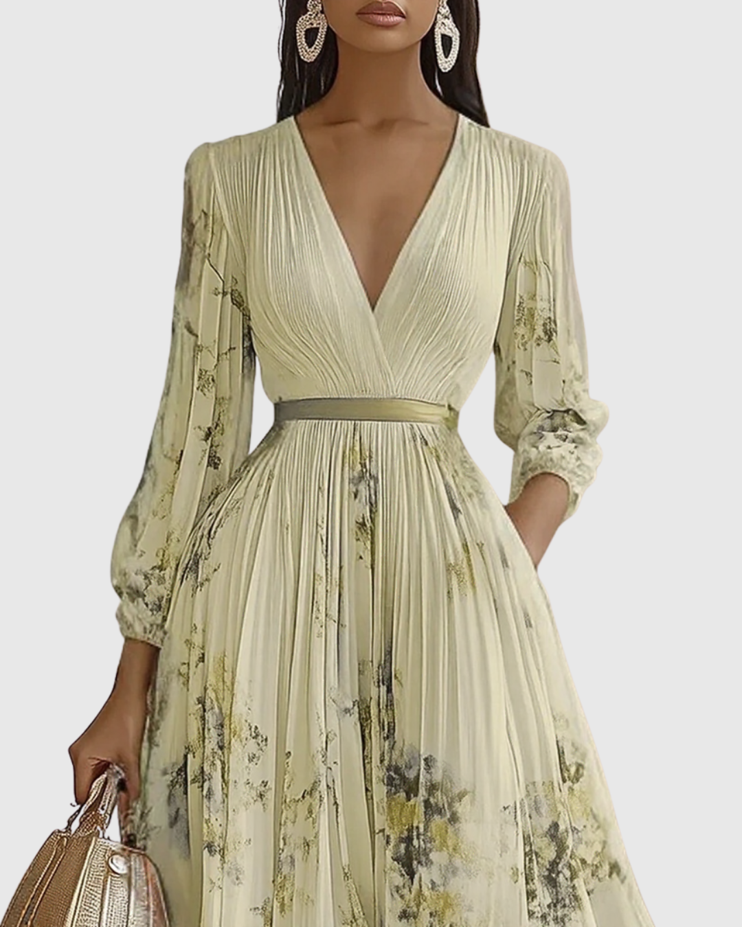 Robe longue plissée à encolure V, vert clair imprimé fleurs, manches longues bouffantes