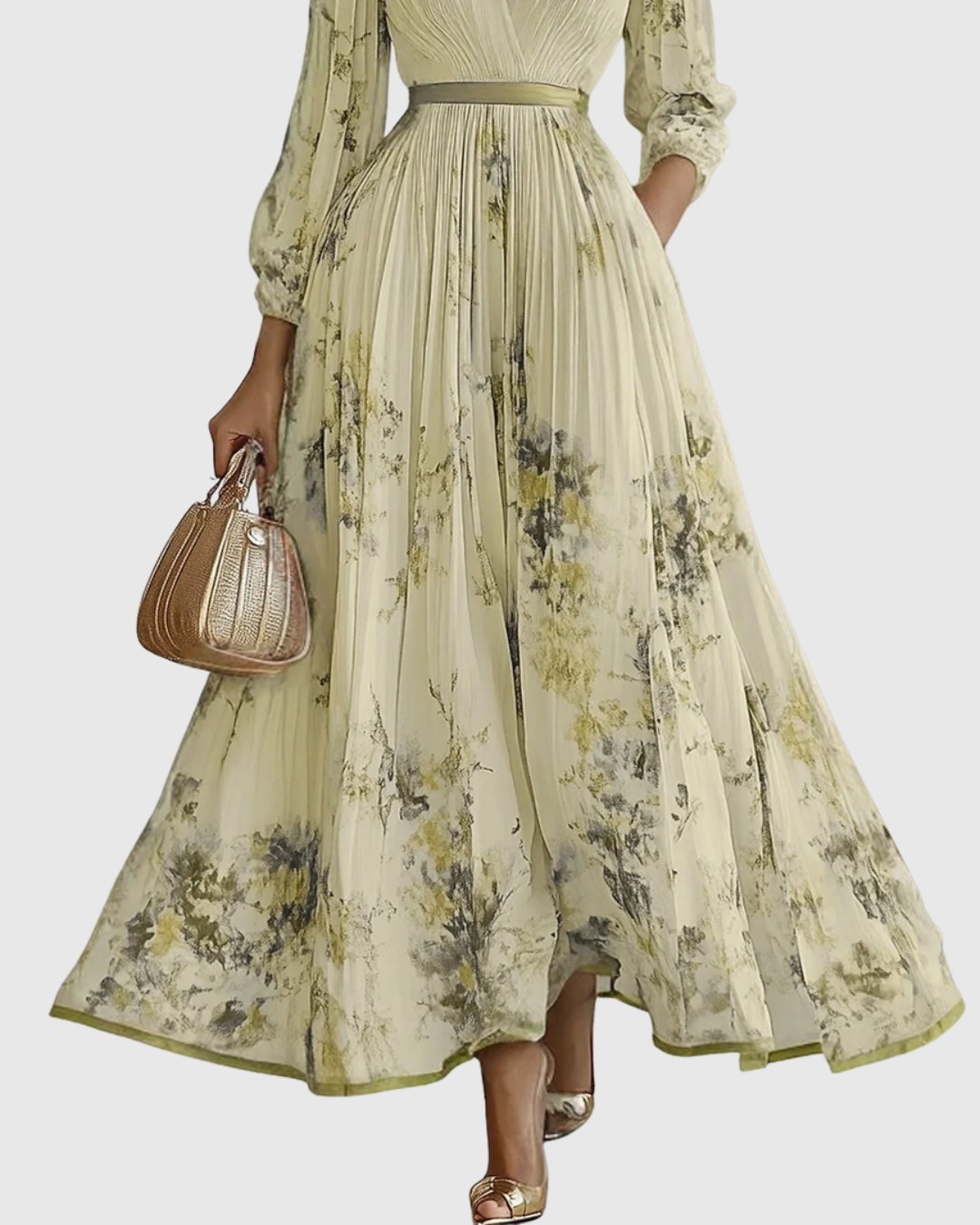 Robe longue plissée à encolure V, vert clair imprimé fleurs, taille élastique