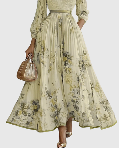 Robe longue plissée à encolure V, vert clair imprimé fleurs, taille élastique