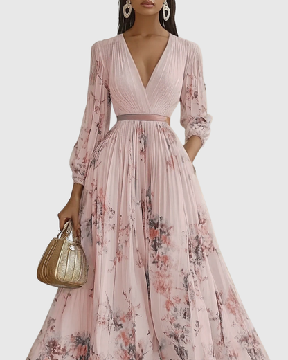 Robe longue plissée à encolure V, rose clair imprimé fleurs, manches longues