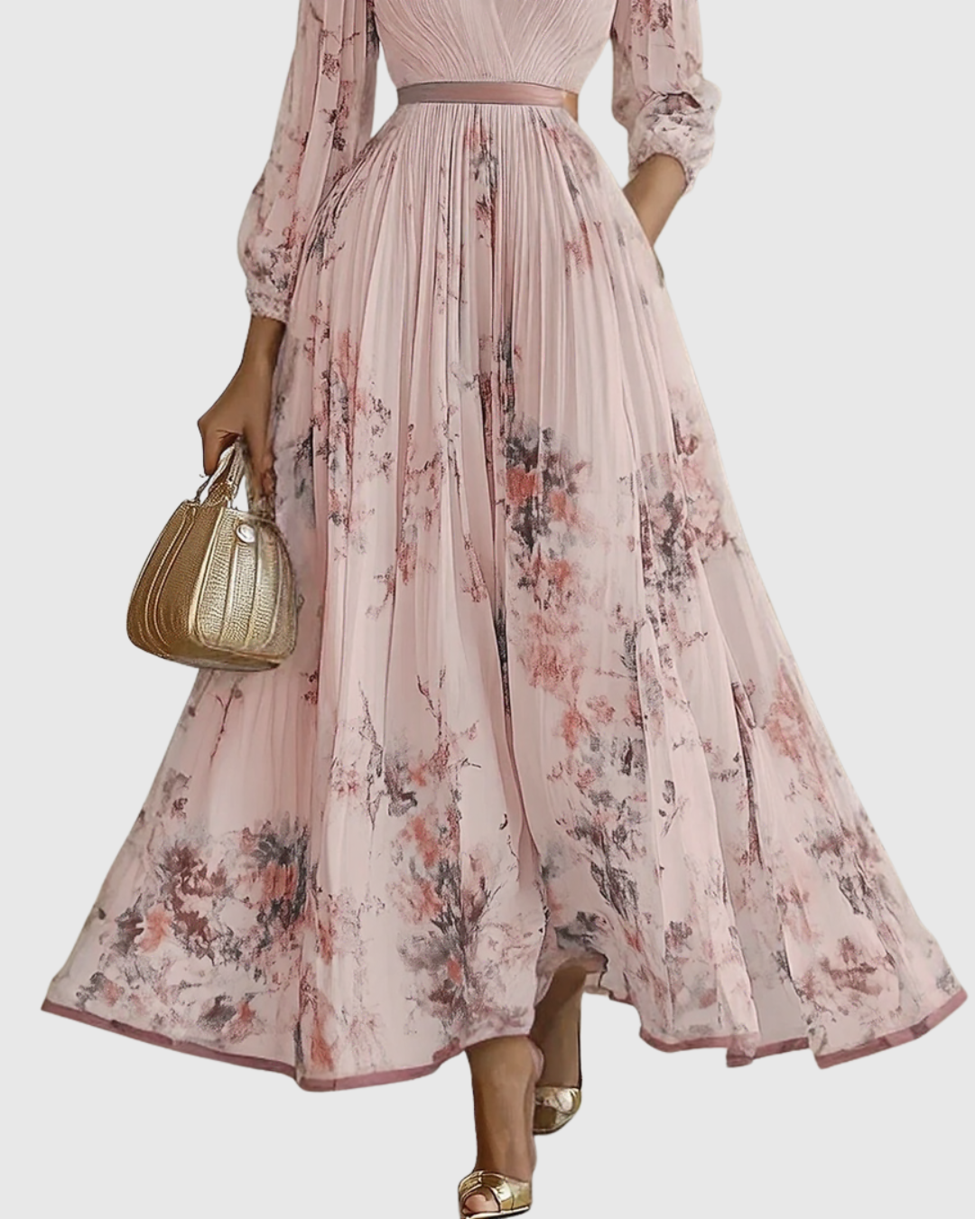 Robe longue plissée à encolure V, robe rose clair imprimé fleurs, jupe ample