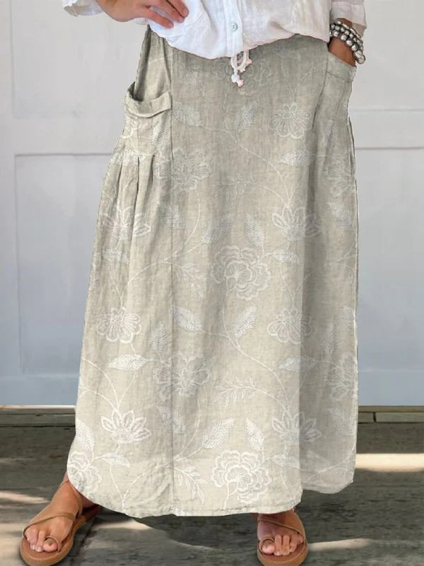 Jupe vintage grise à fleurs, taille élastique, poches latérales