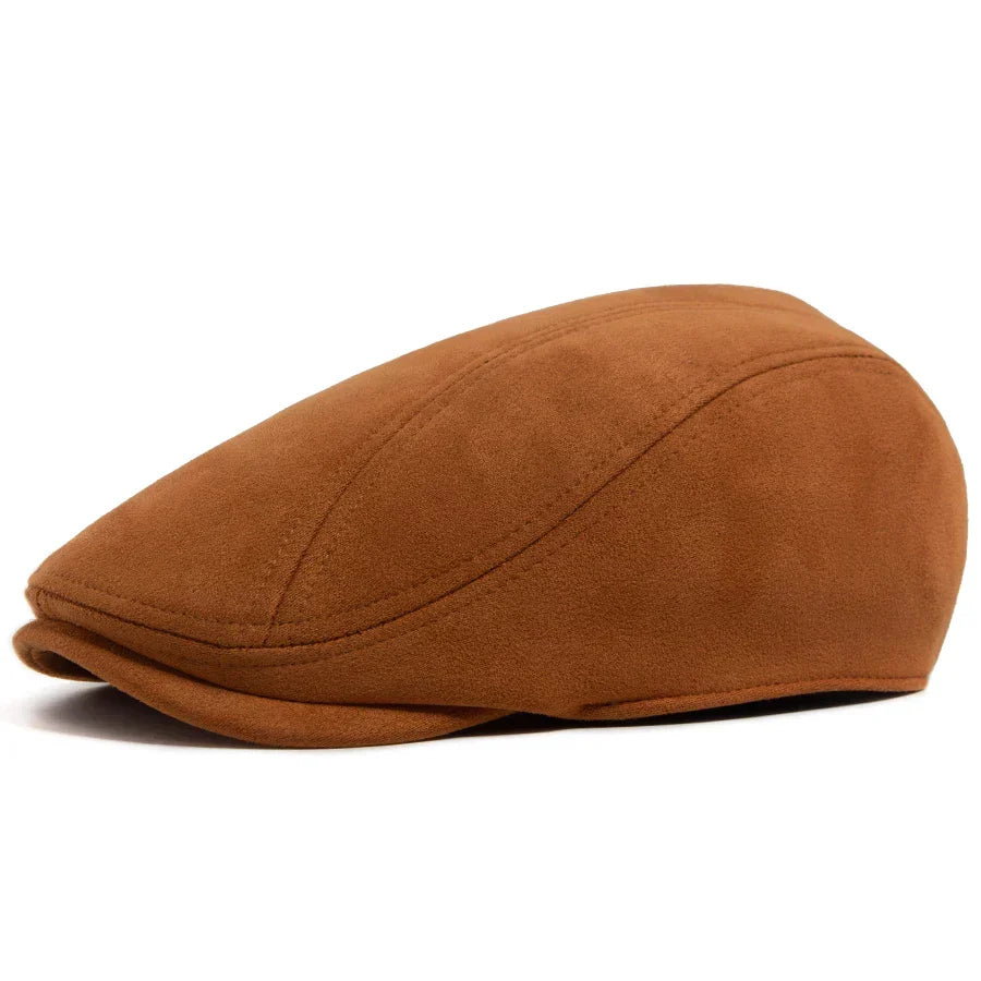 Béret en daim classique Bloom™ brun caramel, forme plate avec coutures décoratives.