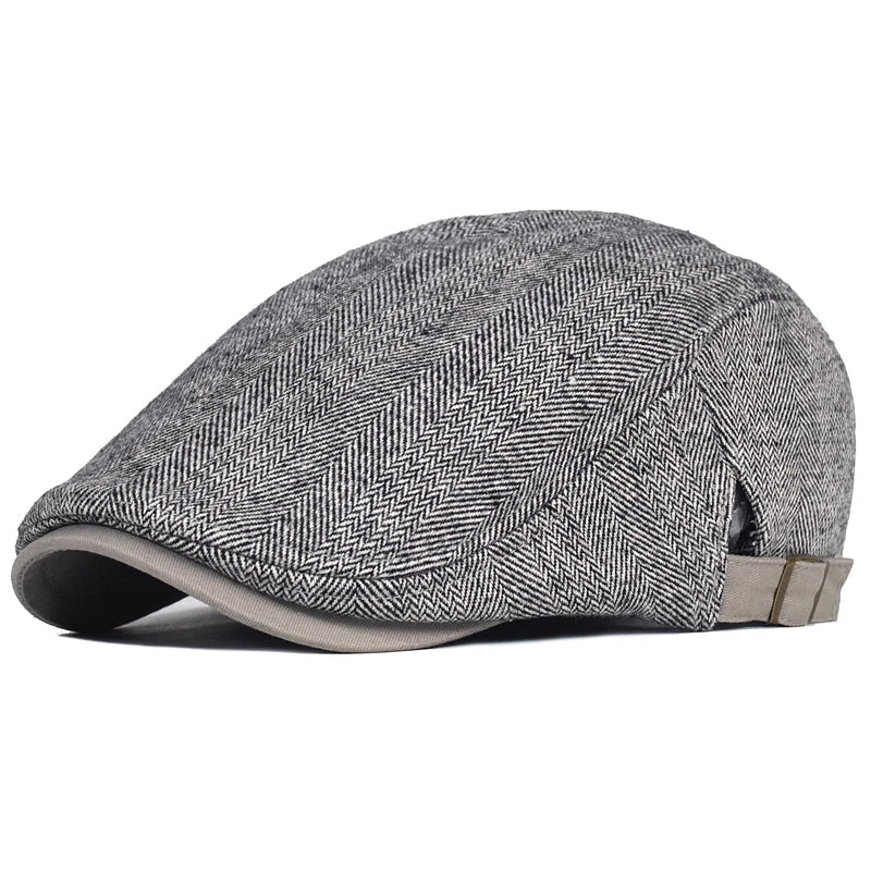 Béret homme Bloom™ gris chiné à motif chevrons, rabat et sangle marron