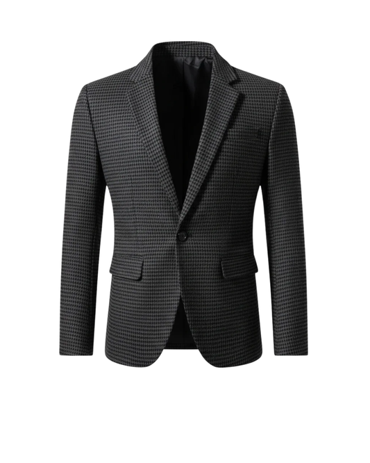 Blazer homme sur mesure en tissu prince de Galles gris foncé, col châle, deux poches