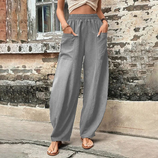Pantalon fluide gris à taille élastique, jambes larges, fermeture souple