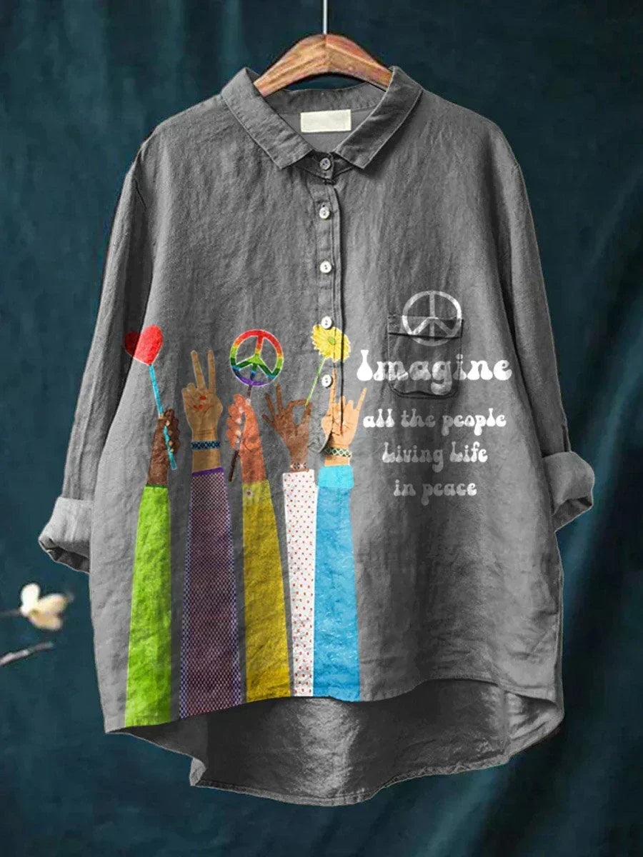T-shirt bohème gris à col chemise, boutons, motif paix arc-en-ciel coloré
