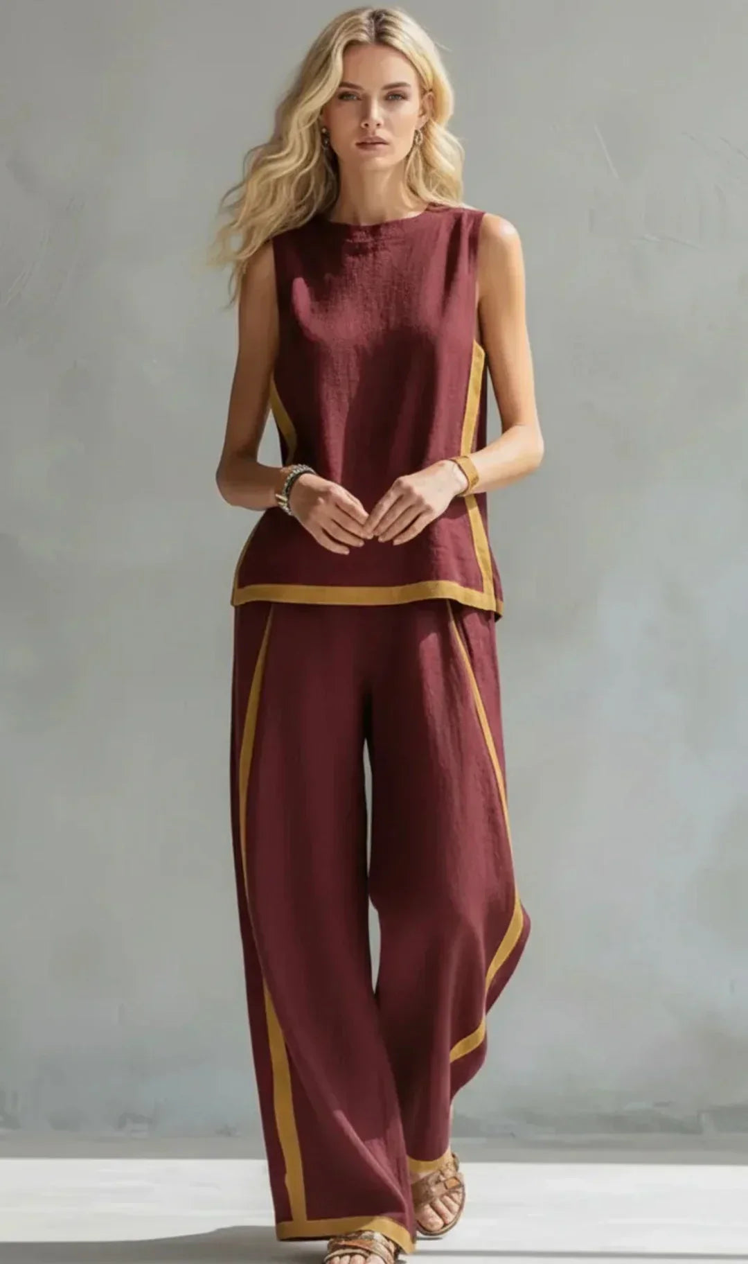Ensemble gilet sans manches et pantalon long bordeaux, finitions dorées bicolores.
