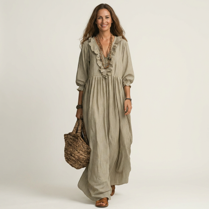 Yosetta | Robe Maxi Rayée avec Volants et Décolleté en V