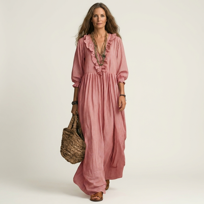 Yosetta | Robe Maxi Rayée avec Volants et Décolleté en V